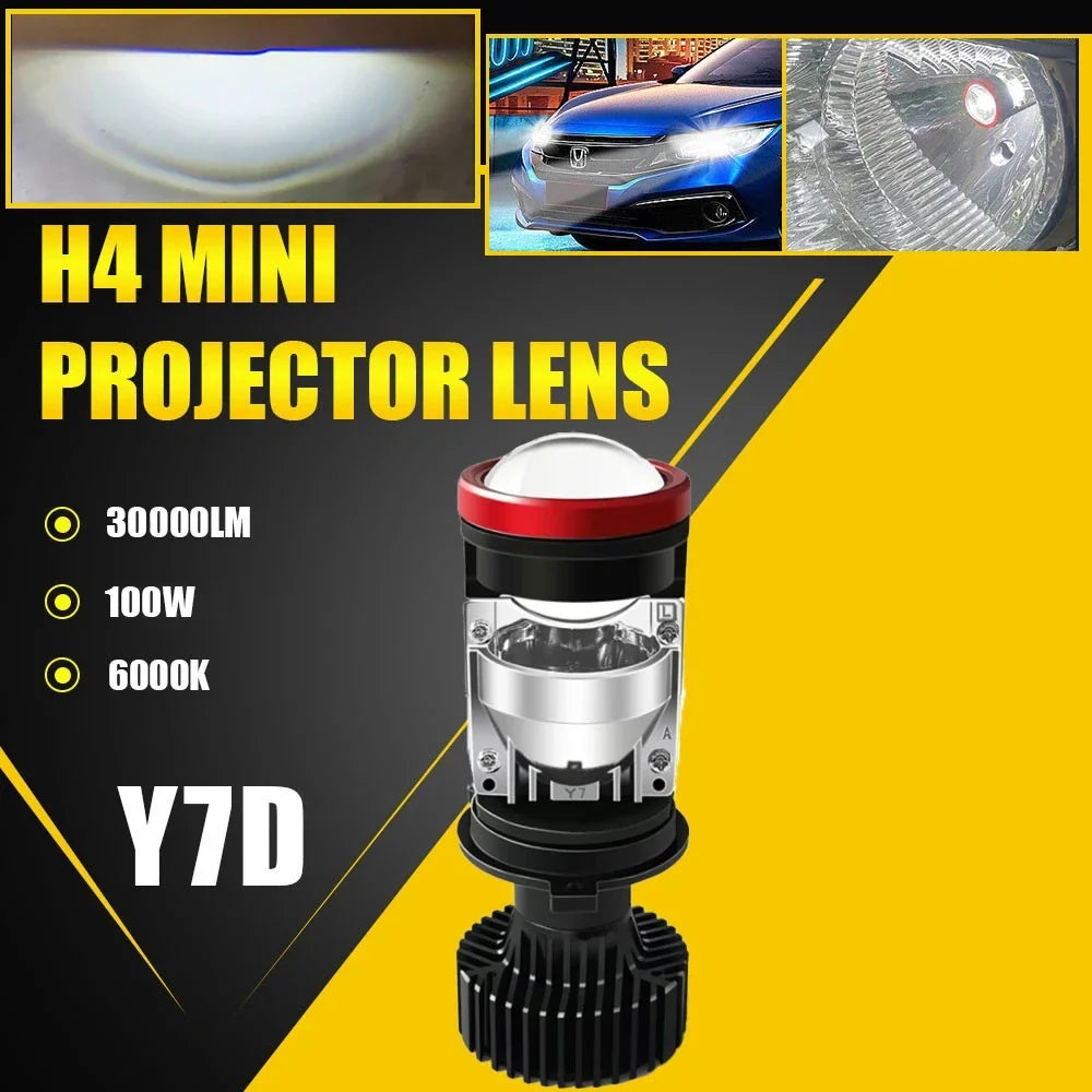 H4 LED Automotive Mini Projector Bulb 100W 30000LM – High and Low Beam with Turbo Fan 6000K (2-Piece Kit)