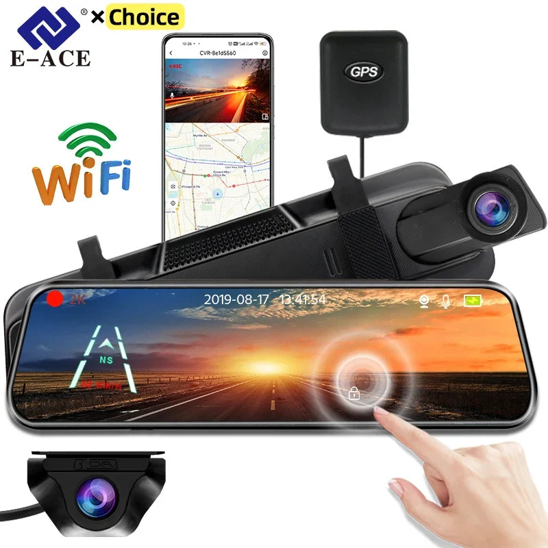2K WiFi and GPS Rearview Mirror Dash Cam – Automotive DVR with Night Vision and 24h Monitoring
