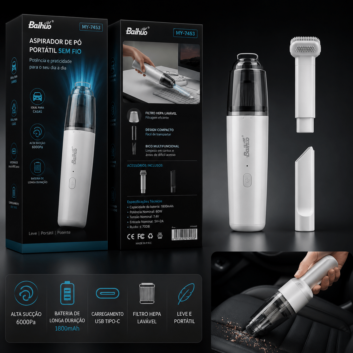 Aspirador Automotivo Sem Fio USB-C