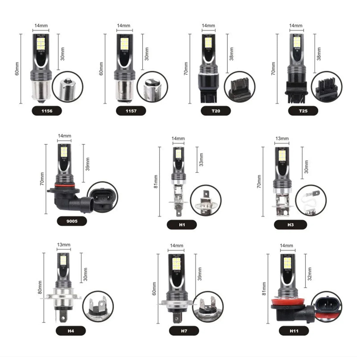 H11 H8 9005 9006 6000K Super White Automotive LED Bulbs