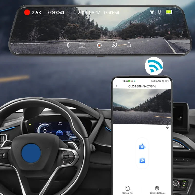 2K WiFi and GPS Rearview Mirror Dash Cam – Automotive DVR with Night Vision and 24h Monitoring